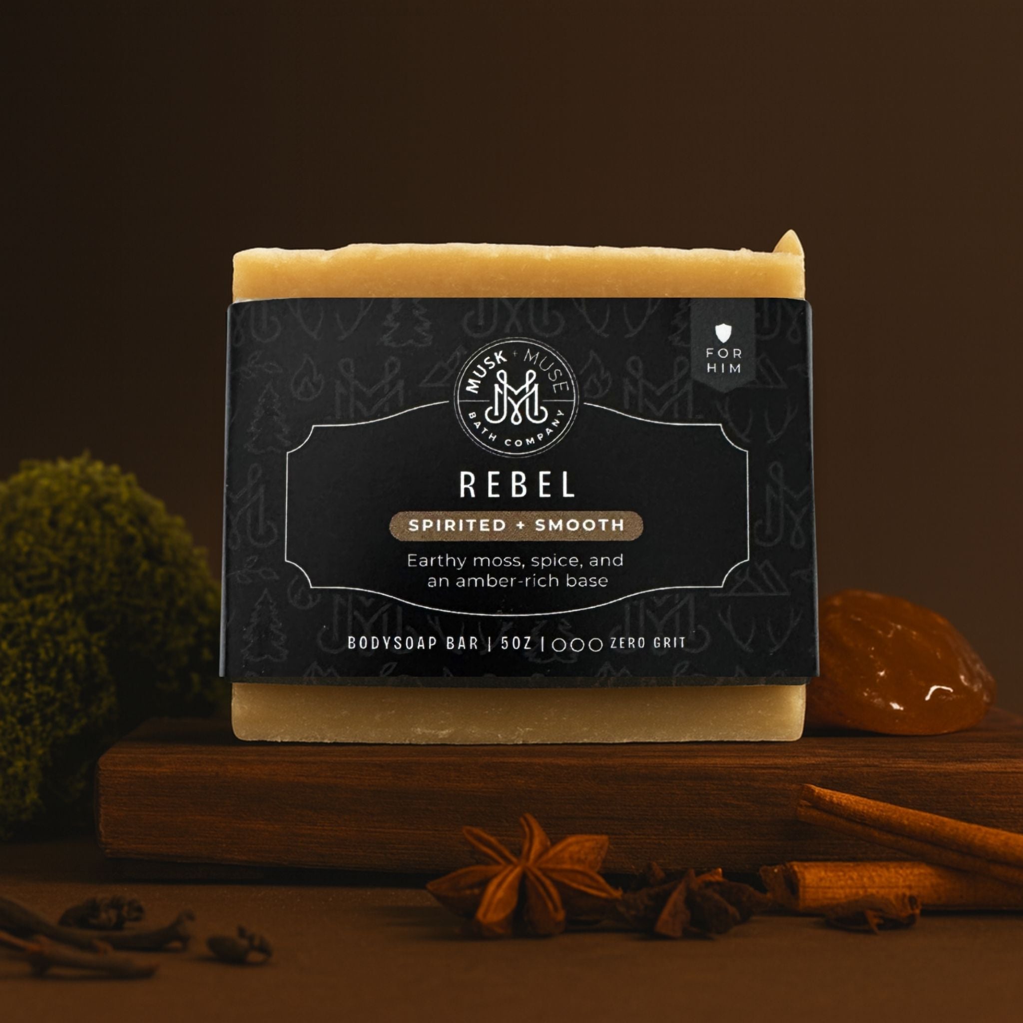 Rebel | 4.25-5oz Soap Bar | Spirited + Smooth – Woods, Moss & Amber Soap